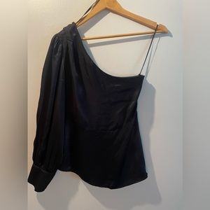 Womens’s Zara asymmetrical black satin top, button detail. Size S evening blouse